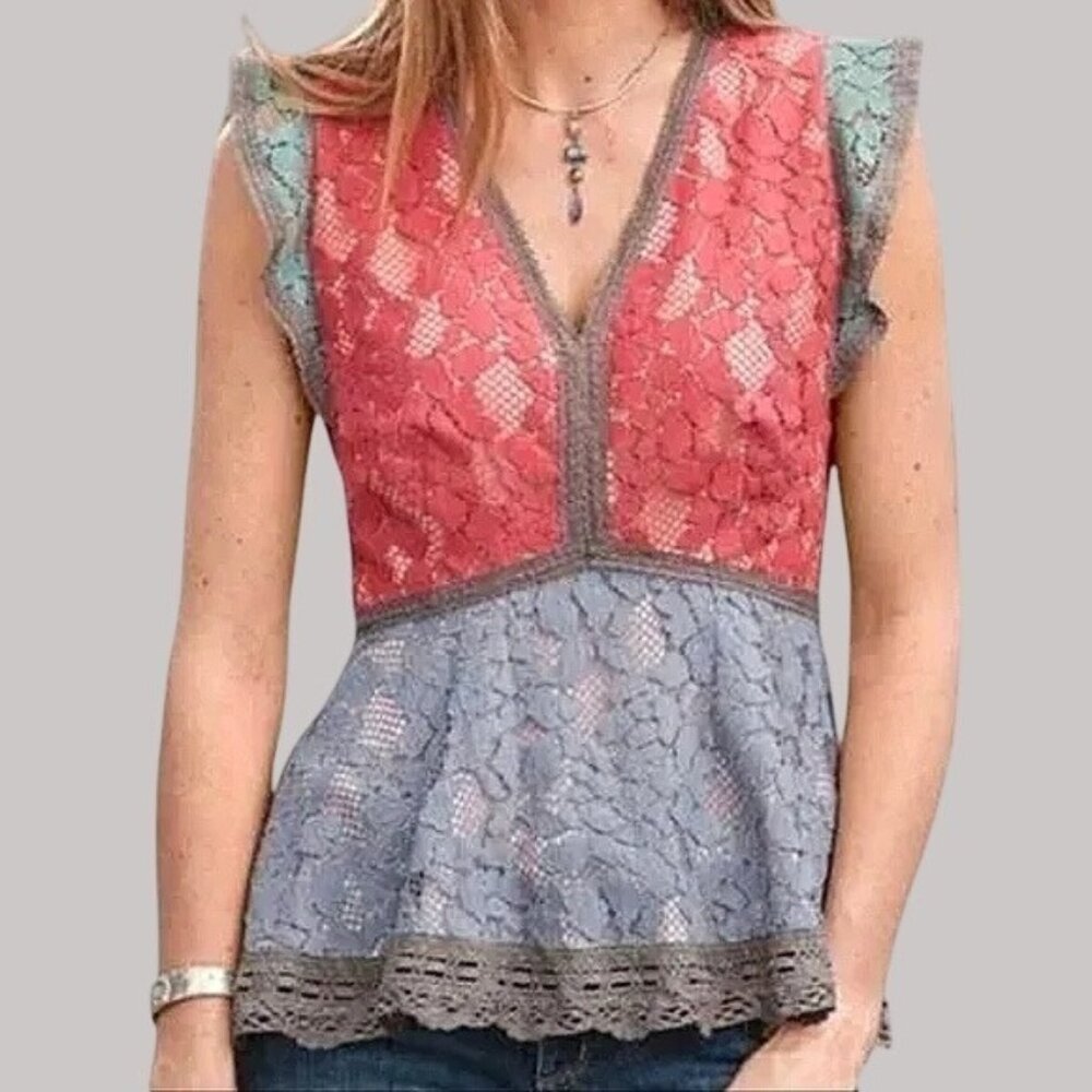 Sundance Coral and Light Blue Lace Peplum Blouse